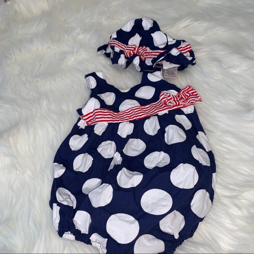 Red, white, blue romper with hat — 9 months